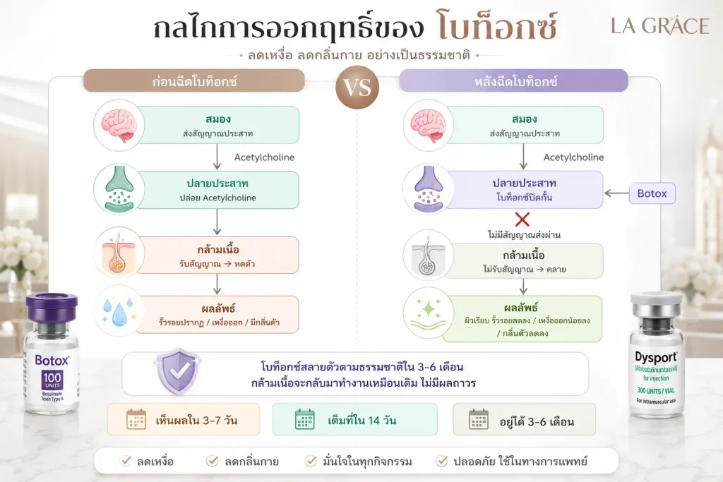 กลไกการทำงานของโบท็อกซ์ เปรียบเทียบก่อนและหลังการฉีด แสดงการยับยั้ง Acetylcholine ที่ปลายประสาท