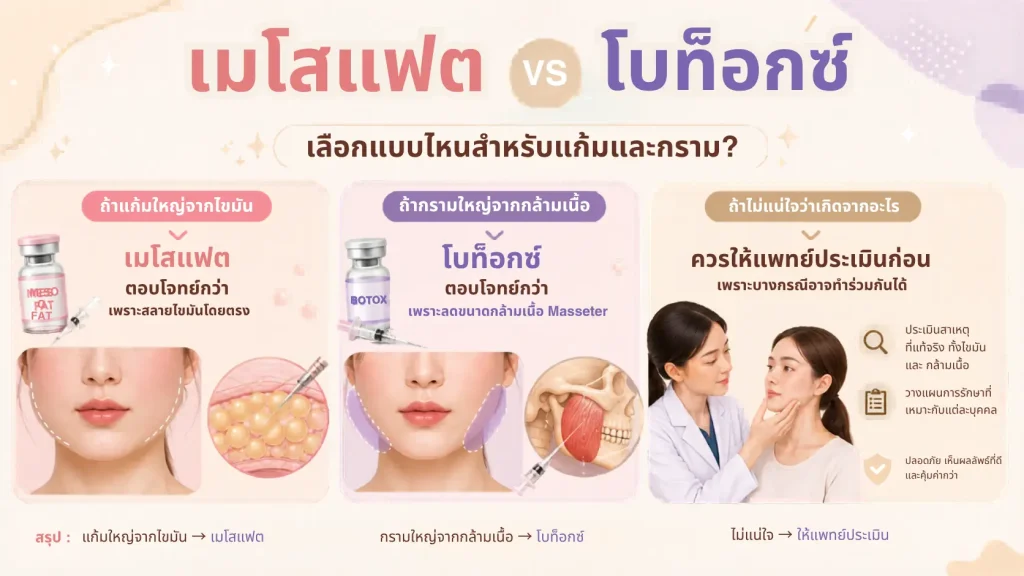 เมโสแฟต vs โบท็อกซ์ เลือกแบบไหนสำหรับแก้มและกราม แก้มใหญ่จากไขมันใช้เมโสแฟต กรามใหญ่จากกล้ามเนื้อใช้โบท็อกซ์
