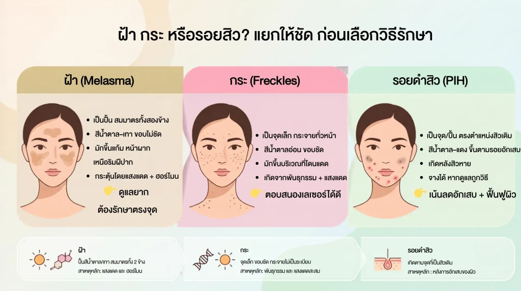 ฝ้า กระ รอยสิว ต่างกันยังไง melasma freckles pih เปรียบเทียบ