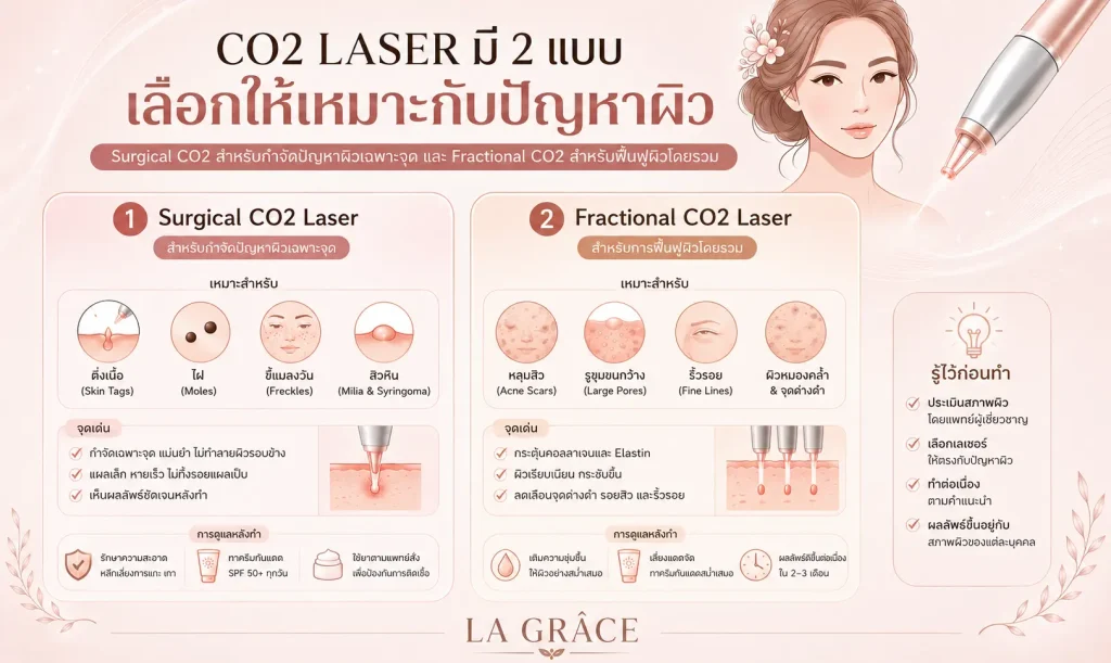 Infographic เปรียบเทียบ Surgical CO2 Laser และ Fractional CO2 สำหรับรักษาหลุมสิว ไฝ และติ่งเนื้อ