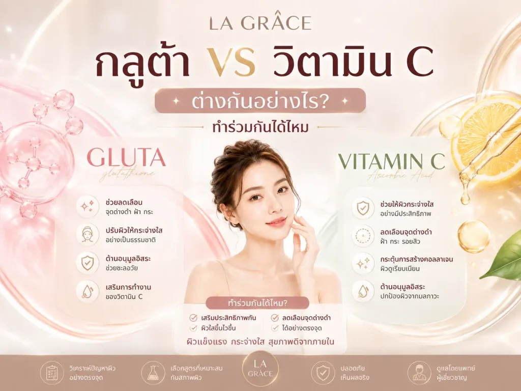กลูต้า vs วิตามิน C ต่างกันอย่างไร เปรียบเทียบสารบำรุงผิวโดย La Grace Clinic
