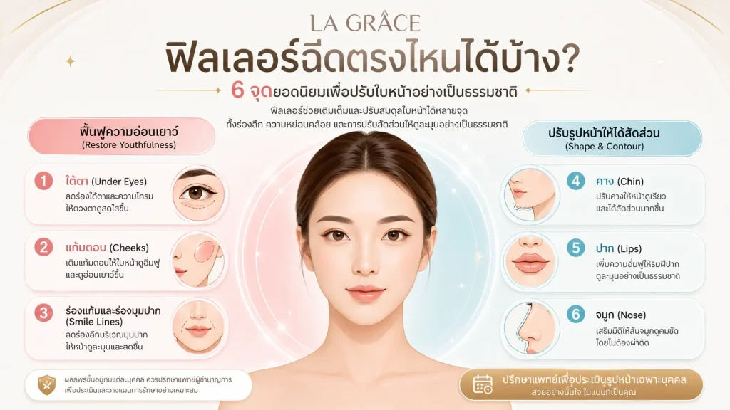 อินโฟกราฟิกแสดง 6 จุดฉีดฟิลเลอร์ยอดนิยม เช่น ใต้ตา แก้ม ร่องแก้ม คาง ปาก และจมูก เพื่อปรับรูปหน้าและฟื้นความอ่อนเยาว์”