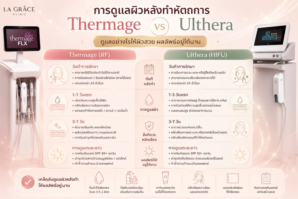 เปรียบเทียบการดูแลผิวหลังทำ Thermage และ Ulthera โดย La Grace Clinic

