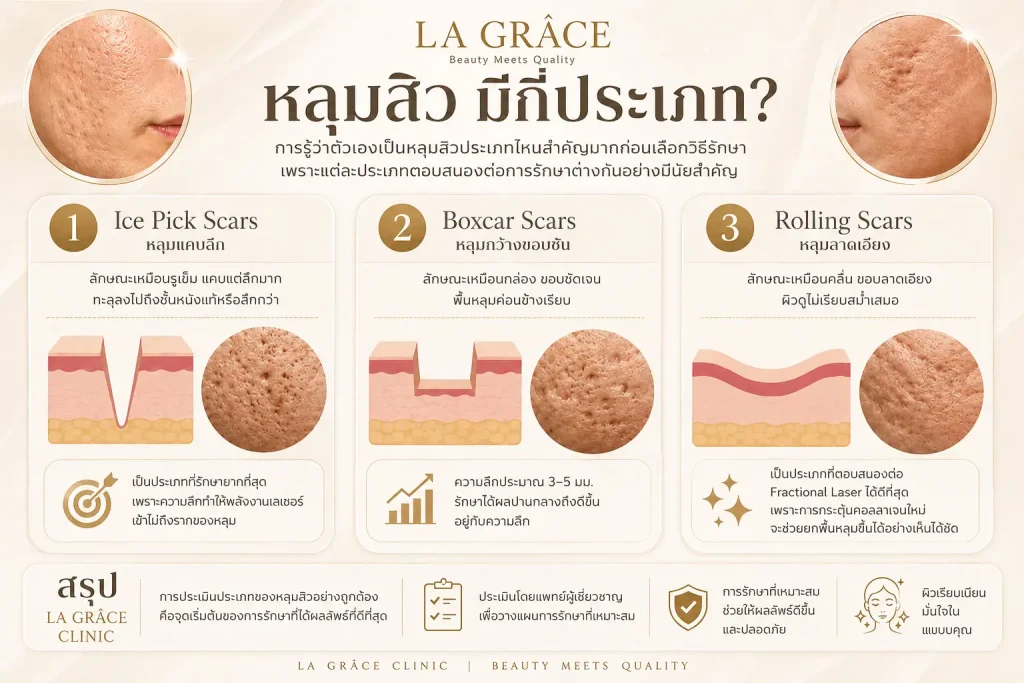 หลุมสิว มีกี่ประเภท? ภาพอธิบายลักษณะของ Ice Pick, Boxcar และ Rolling Scar
