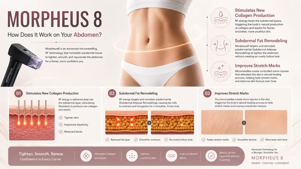How Morpheus 8 works on the abdomen — collagen stimulation, fat remodeling, and stretch mark improvement