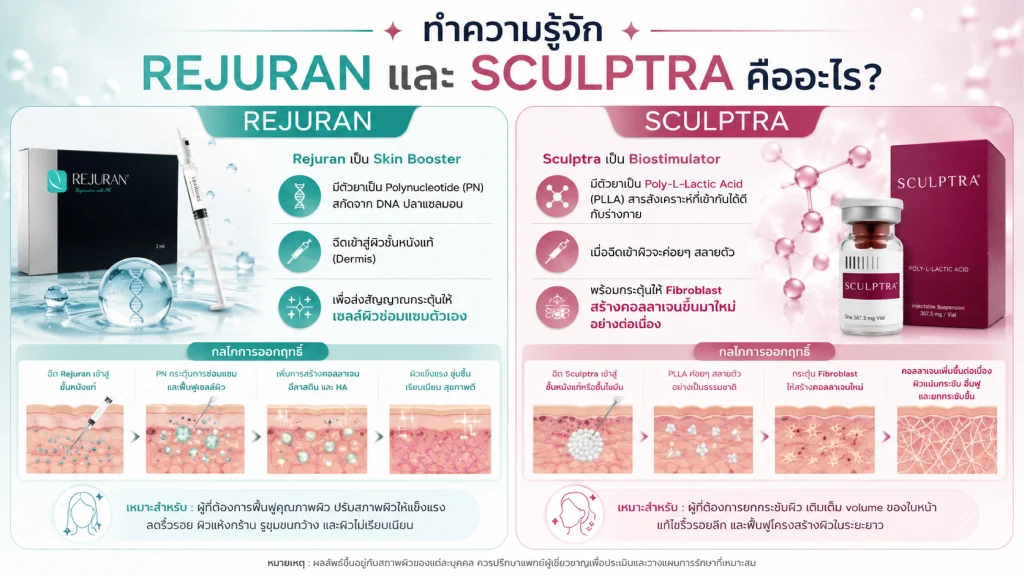 Infographic เปรียบเทียบ Rejuran และ Sculptra กลไกการออกฤทธิ์และความเหมาะสม