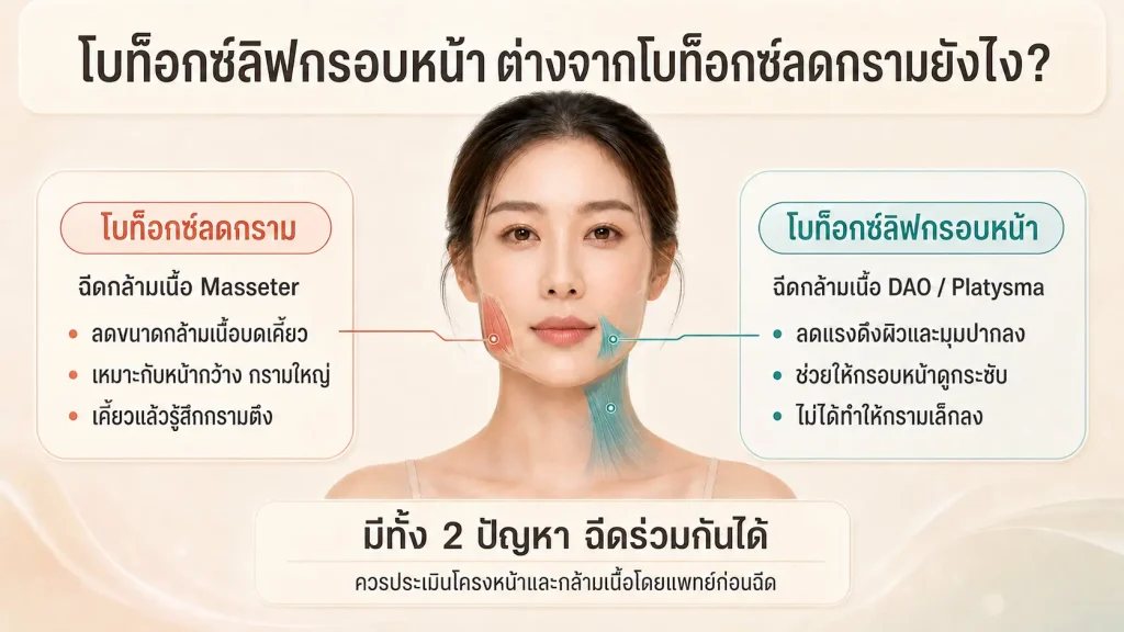 โบท็อกซ์ลิฟกรอบหน้า ต่างจากโบท็อกซ์ลดกรามยังไง เปรียบเทียบกล้ามเนื้อที่ฉีดและผลลัพธ์